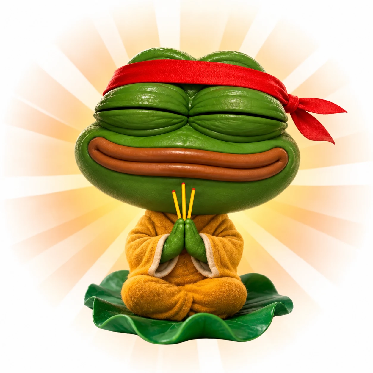 Green frog Zen master with a red headband, saffron robes and incense, meditating on a leaf